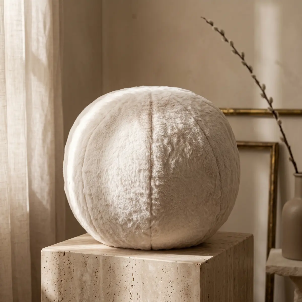 PilouPillow cream faux-fur ball cushion on a travertine plinth