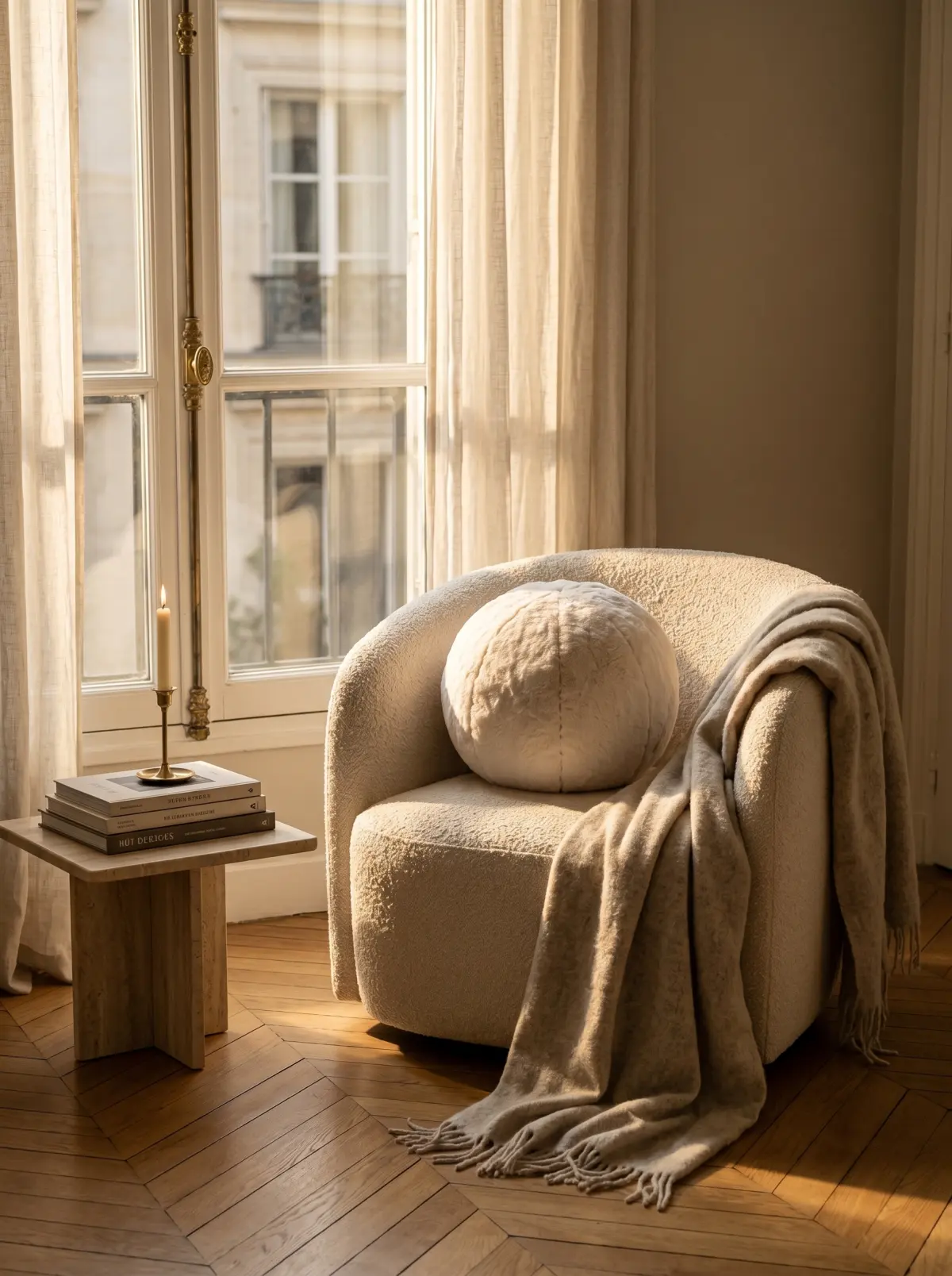 PilouPillow in a calm reading nook by a linen-curtained window